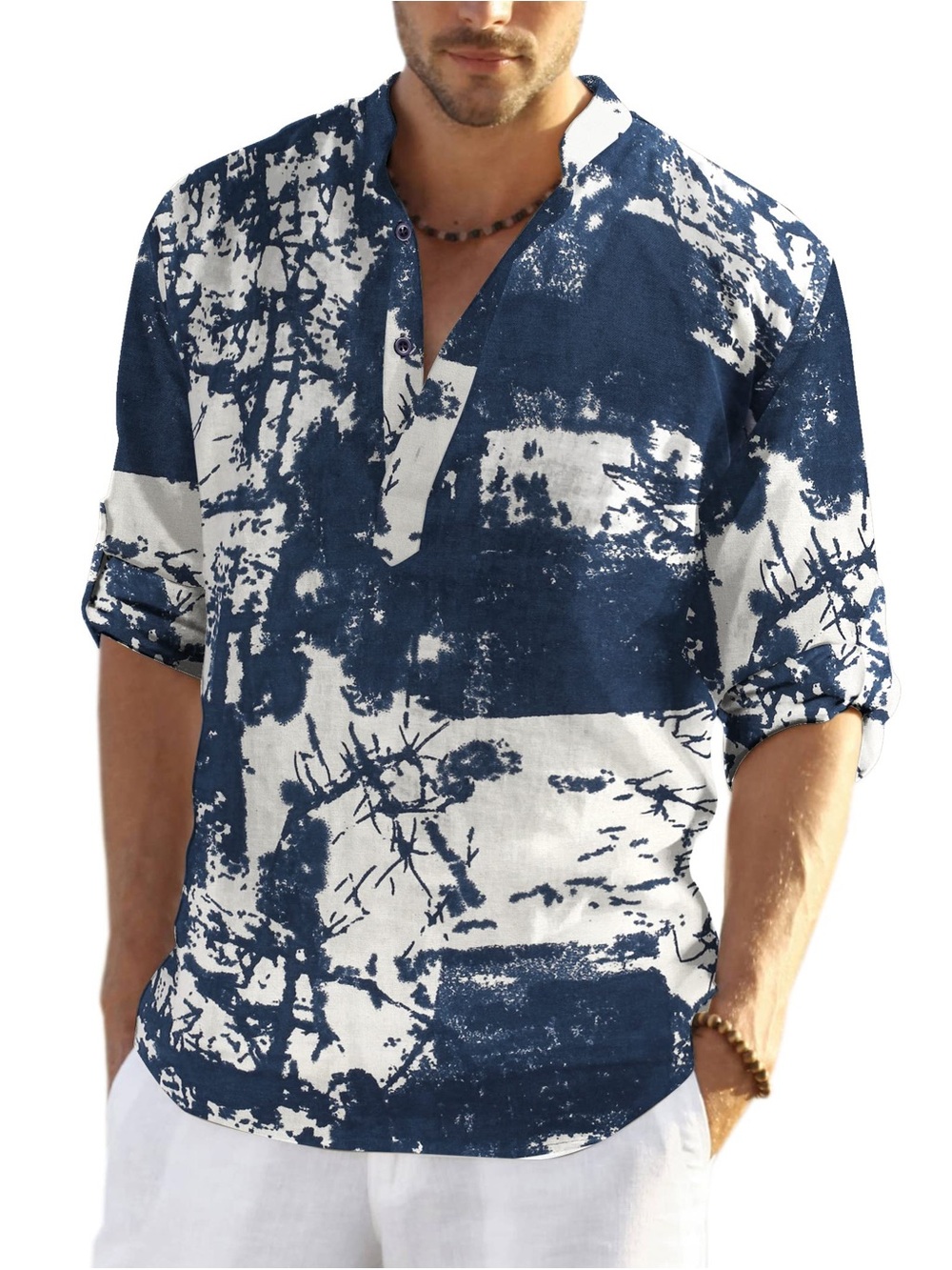 Men's Navy & White Abstract Print Casual Button-Down Shirt